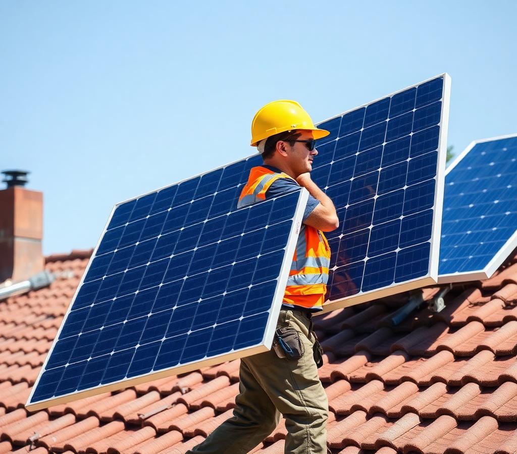 Technicien installant un panneau solaire